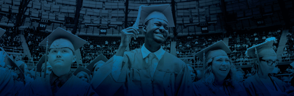 Smiling students graduating with a blue gradient overlay